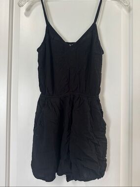 Divided Black Spaghetti-Strap Romper with Elastic Waist